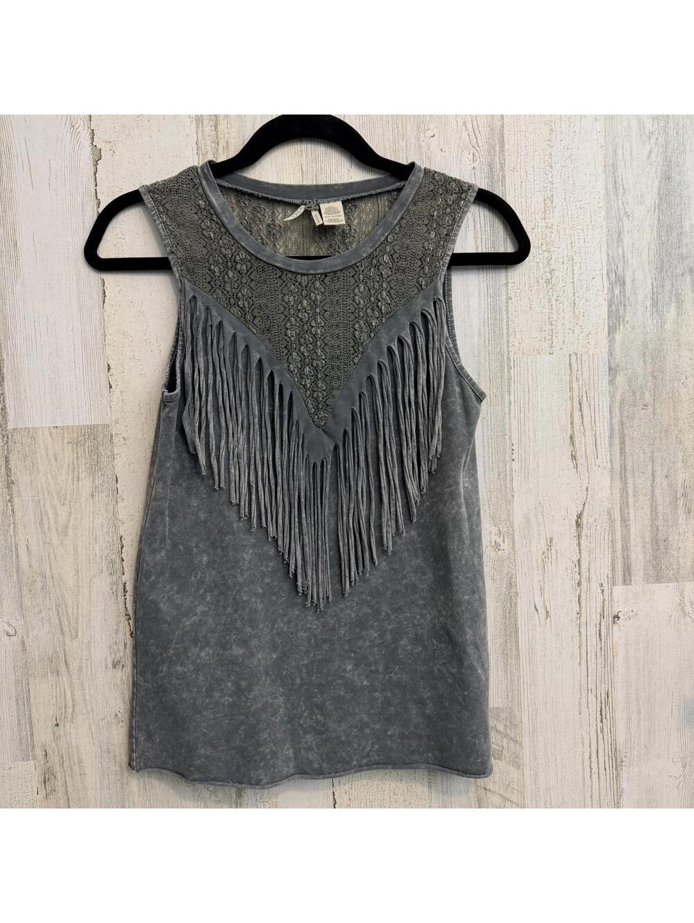 BKE Women's Small Gray Lace Fringe Tank Top